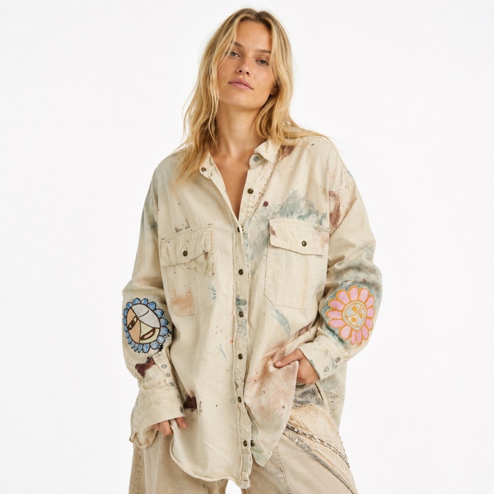 Free People Sunshine Field Boho Shirt Jacket Size L Cotton Cream Oversizsed
